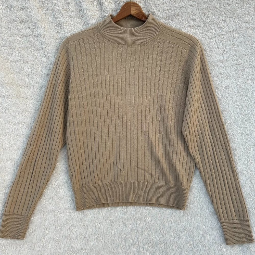 Christina Tan Beige Ribbed Mock Neck Sweater Mens Medium Long‎ Sleeve Knit